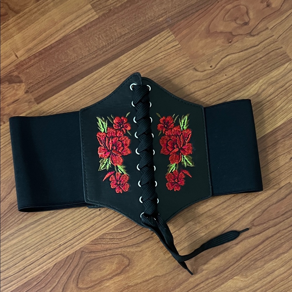 Nasty Gal Black Corset Belt with Red Floral Embroidery